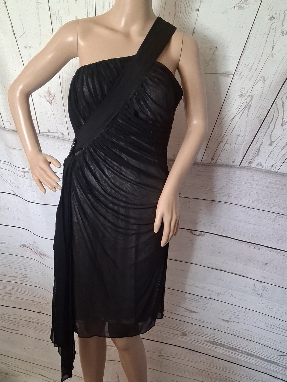 Badgley Mischka One-Shoulder Black Draped Cocktail Dress with Sash Size 6